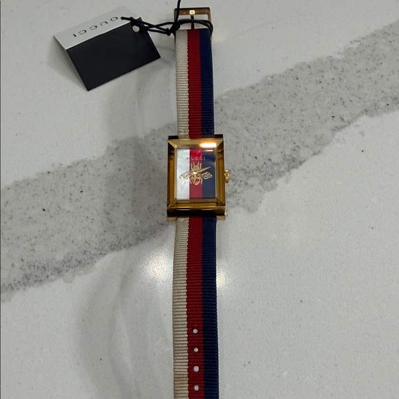 Gucci G-Frame Watch YA147409A Gold- Red/Wh/Blue NWT - Picture 3 of 9